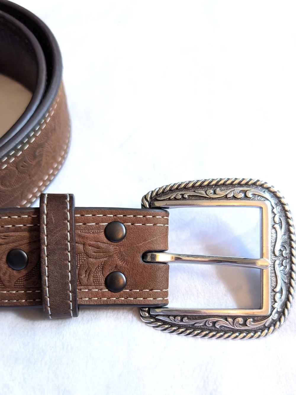 Mens Ariat Leather Floral Embossed Belt 2007 Silver Buckle Western Brown